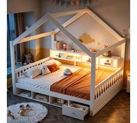 Lit cabane 140x200 cm avec cadre de toit, éclairage LED et prise électrique, étagères, tiroirs et sommier à lattes, barrières de sécurité à la tête et au pied du lit, blanc/gris