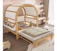 Lit cabane 140x200 cm avec lit gigogne, toit arrondi, fonction banquette et tablette latérale, lit enfant avec sommier à lattes, pin/MDF, blanc/naturel