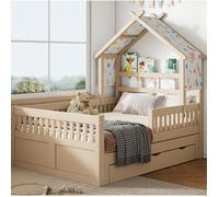 Lit Cabane 140x200cm En Bois Creme, Lit Gigogne Avec Rangement FloraGrace, Pour Chambre Enfant, Facile A Assembler, 205x145x190cm