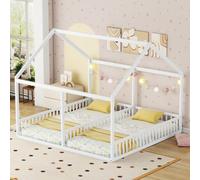 Lit-cabane 2 en 1, dimensions 2 x 90 x 200 cm, deux lits superposés pour enfants avec barrière de sécurité, design toit et fenêtres, en bois de pin/MDF, couleur blanche