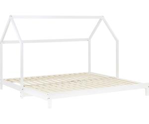 Lit Cabane 2 Places Lit D'Enfant avec Deux Matelas 90x200 cm Lit gigogne Lit Maison Bois Blanc Sommier à Lattes