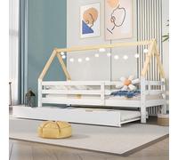 Lit-cabane 200x90 cm, lit pour enfant transformable avec barrière de sécurité et sommier à lattes, convertible en canapé-lit avec roulettes, lit-cabane en bois pour filles et garçons, blanc et couleur