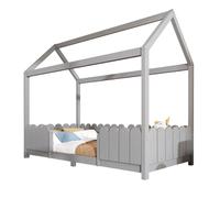 Lit cabane 206/96/175 cm gris en bois massif avec barrière de sécurité