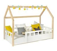 IDMarket – Lit cabane enfant Neree 80 x 160 cm blanc et hêtre avec sommier et barrières