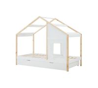 Vente-unique - Lit cabane 90 x 190 cm avec tiroir - Pin et MDF - Coloris : Blanc et Naturel - RINELYA - pour Enfant