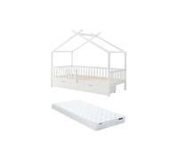Lit cabane 90 x 190 cm avec tiroirs - Pin et MDF - Blanc + Matelas - KIRALIO