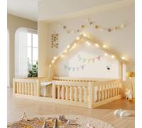 Lit cabane 90x200, avec barrière de sécurité, guirlande lumineuse LED, lit simple, barrière de sécurité (naturel)