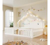 Lit cabane 90x200, avec barrière de sécurité, guirlande lumineuse LED, lit simple en dessous, barrière de sécurité (blanc)