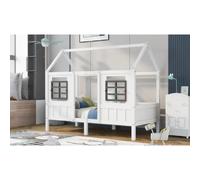 Lit cabane 90x200 cm avec 2 tiroirs et 2 fenêtres, en pin, blanc