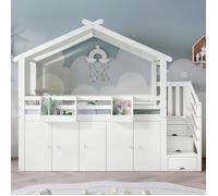 Lit Cabane 90X200 Cm, Lit 1 Personne Enfant avec Barrière de Sécurité, 1 Armoire et 2 Casiers, avec 3 Casiers Dans L'Escalier,