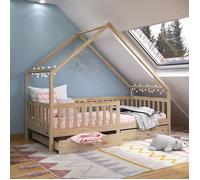 Lit cabane ALVA lit enfant simple asymétrique en bois 90 x 200 cm montessori, avec rangement 2 tiroirs, en pin massif naturel