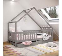 IDIMEX Lit cabane Alva lit Enfant Simple asymétrique en Bois 90 x 200 cm Montessori, avec Rangement 2 tiroirs, en pin Massif lasuré Gris