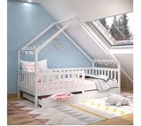 Lit cabane asymétrique ALVA avec tiroirs, 90 x 200 cm en pin massif lasuré blanc