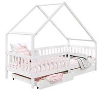 Lit cabane asymétrique ALVA avec tiroirs, 90 x 200 cm en pin massif lasuré blanc Blanc G
