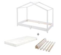 Lit au sol roba en bois massif - Ensemble avec sommier à lattes et matelas - 70 x 140 cm - Lit au sol selon le principe Montessori - Bois laqué blanc