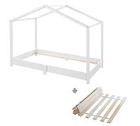 Lit Cabane Au Sol 70 X 140 Cm - Roba - Lit Montessori Avec Sommier À Lattes - Blanc Multicolore
