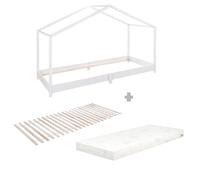 Lit au sol roba en bois massif - Ensemble avec sommier à lattes et matelas - 90 x 200 cm - Lit au sol selon le principe Montessori - Bois laqué blanc