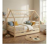 Lit cabane avec barrières TINY pin massif 90x190 sommier + tiroir inclus - Bois