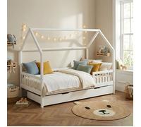 Lit cabane avec barrières TINY pin massif blanc 90x190 tiroir inclus