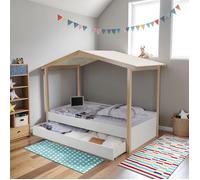 Lit cabane CASTEL 90x190 + 1sommier + tiroir / Blanc et Bois clair