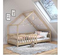 Lit cabane CORA lit enfant simple montessori asymétrique en bois 90 x 200 cm en pin massif à la finition naturelle