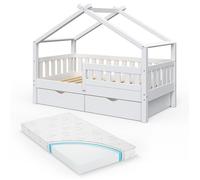 Lit cabane Vitalispa Design Blanc 80x160 cm avec 2 tiroirs et matelas, Model 33460