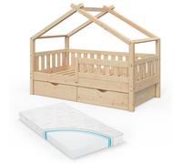 Lit cabane Design, 80x160 cm avec 2 tiroirs et matelas, Naturel bois, Vitalispa 33458