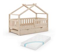 Lit cabane Vitalispa Design Naturel bois 80x160 cm avec lit d'appoint et matelas, Model 36238