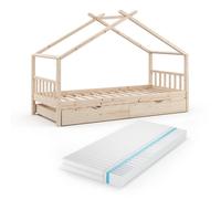 Lit cabane Vitalispa Design Naturel bois 90x200 cm avec lit d'appoint et matelas, Model 36236