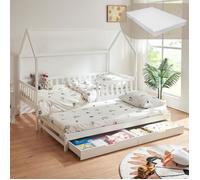 Lit double pour enfant « Aarghonmaa » style rustique, 90 x 200 cm, avec 1 matelas, lit gigogne, barrière de sécurité et 2 tiroirs, en pin blanc
