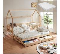 Lit double pour enfant « Aarghonmaa » style rustique, 90 x 200 cm, avec 1 matelas, lit gigogne avec barrière de sécurité et 2 tiroirs, en pin naturel