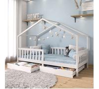 Lit cabane ELEA lit enfant simple montessori 90 x 200 cm, avec 2 tiroirs de rangement, en pin massif lasuré blanc