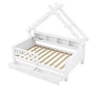 Lit-cabane en bois - Lit plateforme - 90 x 200 cm - Espace de rangement - Tiroirs - Éclairage LED - Barrières de sécurité