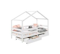 Lit cabane ENA lit enfant simple montessori 90 x 190 cm, avec 2 tiroirs de rangement, en pin massif lasuré blanc