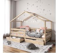 Lit cabane ENA lit enfant simple montessori 90 x 190 cm, avec 2 tiroirs de rangement, en pin massif à la finition naturelle