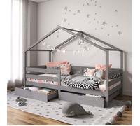 Lit cabane ENA lit enfant simple montessori 90 x 190 cm, avec 2 tiroirs de rangement, en pin massif lasuré gris