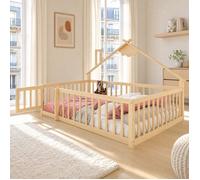 Lit cabane enfant 140 x 190 cm en pin et MDF naturel avec sommier à lattes, barrières et portillon verrouillable