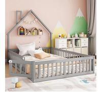 Lit cabane enfant 140 x 190 cm - Lit avec sommier à lattes - Bois massif - Garde-corps sécurité - Design cheminée - Gris