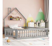 Lit cabane enfant 140 x 190 cm - Lit avec sommier à lattes - Bois massif - gris (sans matelas)