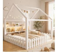 Lit cabane Enfant 140 x 190 cm - Ulsam - avec sommier et barrières, Pin, Blanc(Sans Matelas)