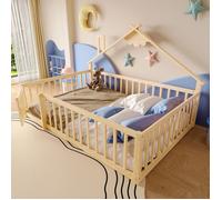 Lit cabane enfant 140x190 cm avec avec porte et barrières de sécurité, montessori lit avec sommier à lattes, naturel (sans matelas)