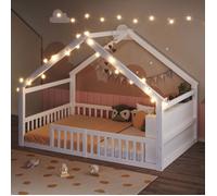 Lit cabane enfant 140x190 cm en pin blanc, barrières de sécurité, LED, sommier à lattes inclus, sans matelas