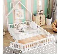 Lit Cabane Enfant 140x190 cm - Forme de Maison - Sommier à Lattes Inclus - Bois - Blanc (Sans Matelas)