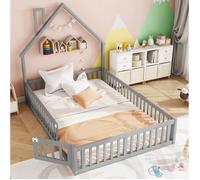 Lit Cabane Enfant 140x190 cm - Forme de Maison - Sommier à Lattes Inclus - Bois - Gris (Sans Matelas)