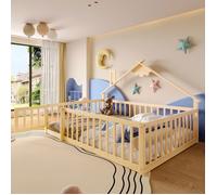 Lit cabane enfant 140x190 cm Lit double bois Forme maison avec toit cheminée barrière et sommier à lattes - naturel