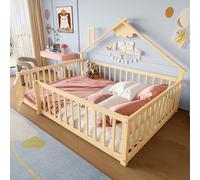 Lit Cabane Enfant 140x190 cm, Lit Montessori Au Sol avec Barrière De Sécurité et Serrure, Cadre Bois De Pin et MDF, Sommier À Lattes, Lit Maison Enfant Moderne,Natural-1B