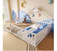 Lit cabane enfant 140x190 cm Lit plat Lit double en bois avec barrière de sécurité toit cheminée et sommier à lattes - blanc