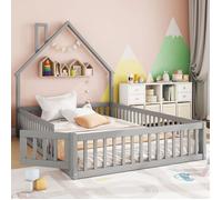 Lit cabane enfant 140x190cm Lit adulte Lit double en bois Design maison avec toit cheminée et sommier à lattes - gris