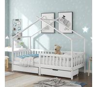 Lit cabane enfant 200x90cm blanc : bois massif, 2 tiroirs + sommier lattes, barrière + protection antichute, pour enfant/adolescent