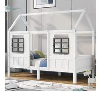 Flieks Lit d'enfant Lit de maison 90x200cm avec protection contre les chutes, lit simple avec sommier à lattes et 2 fenêtres, lit en bois massif au sol Lit d'enfant pour garçon et fille, Blanc